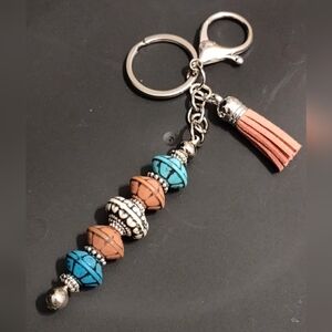 Re-inspired Silver and Multicolor Beaded Keychain Southwestern Inspired